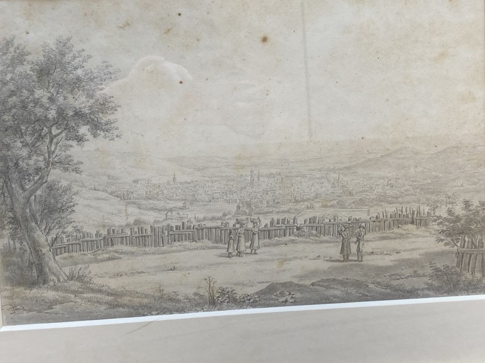 Edward Joshua Cooper (Irish, 1798-1863) and S. Bossi (Italian, active circa 1820-1821) pencil, figures before a North Italian city, 26